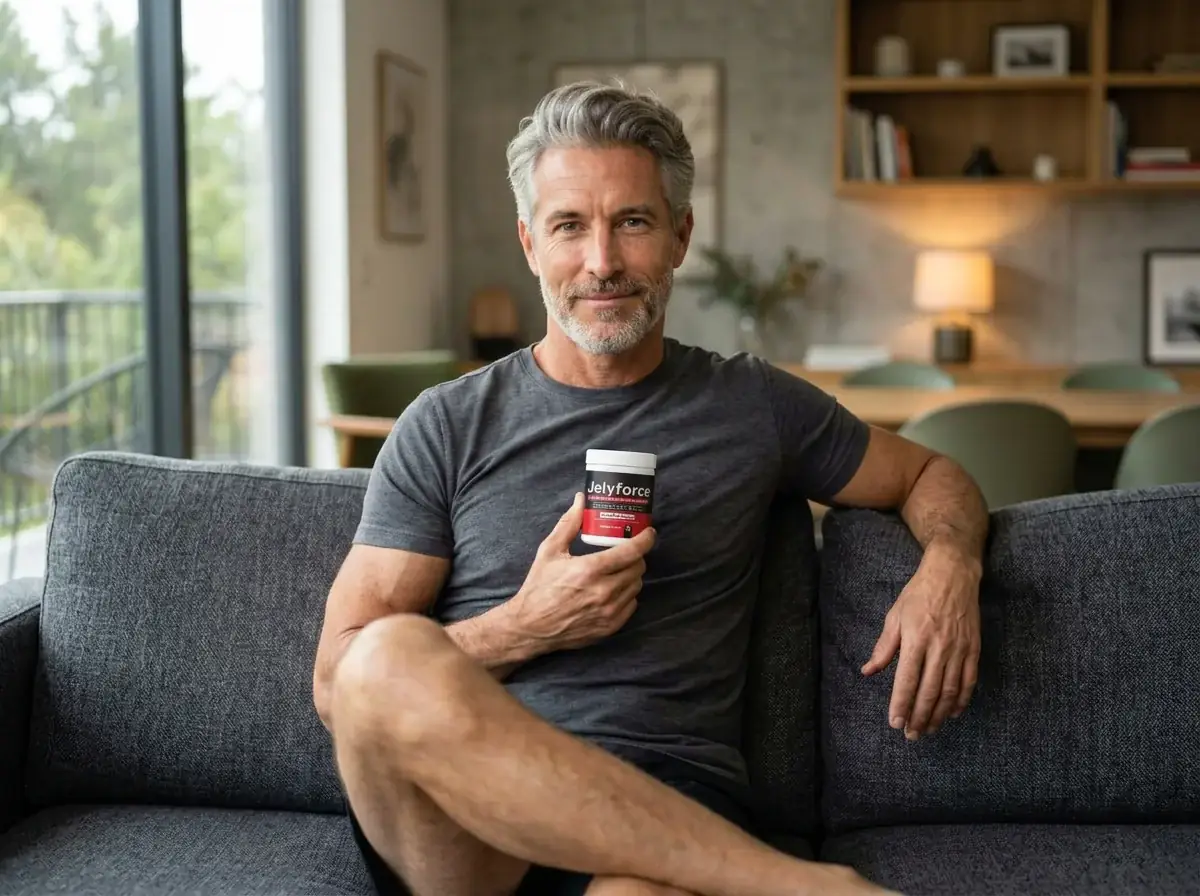 Jellyforce male performance support gummies shown with an active adult man